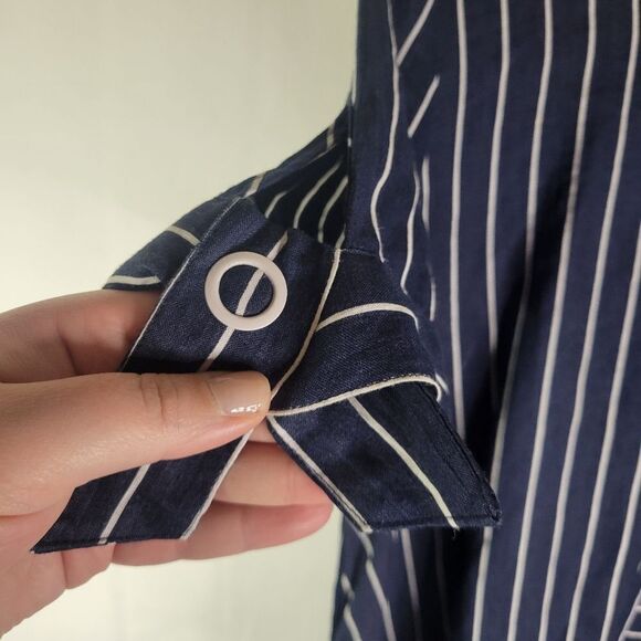 Korean 100% Linen Navy and White Asymmetrical Blouse - Picture 4 of 12